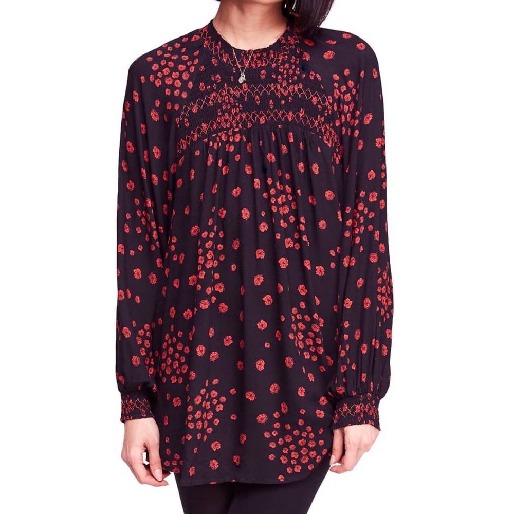 FREE PEOPLE Flower in Her Hair Tunic Top Small Boho Floral Smocked Flowy Blouse - Picture 1 of 8